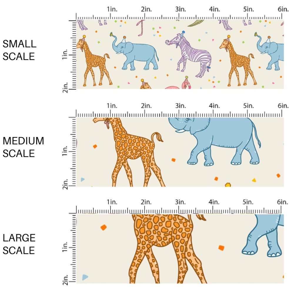 This scale chart of small scale, medium scale, and large scale of this celebration fabric by the yard features colorful animals with party hats on cream. This fun themed fabric can be used for all your sewing and crafting needs!