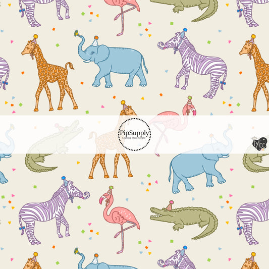 This celebration fabric by the yard features colorful animals with party hats on cream. This fun themed fabric can be used for all your sewing and crafting needs!