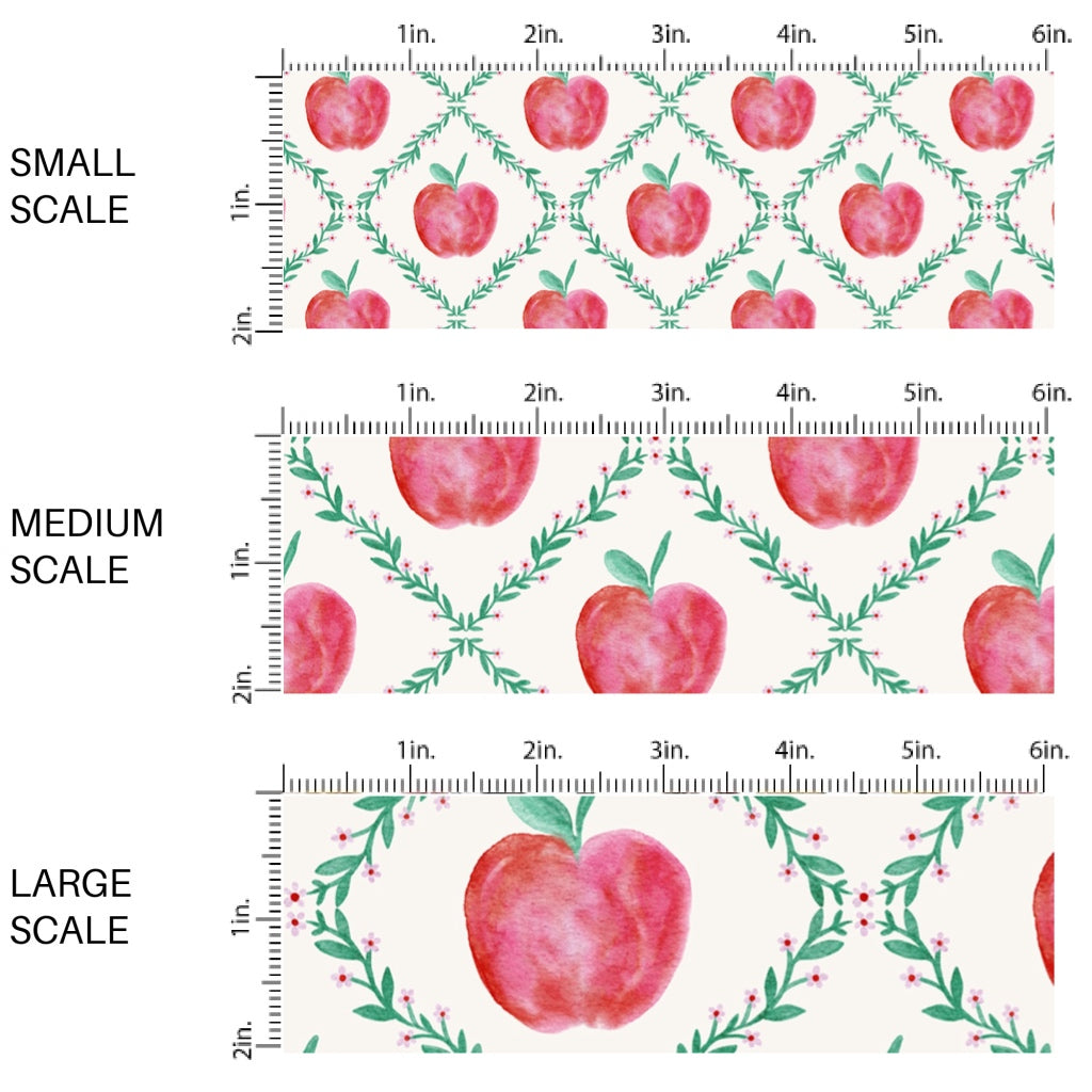 This scale chart of small scale, medium scale, and large scale of these school themed fabric by the yard features red apples and lattice on cream. This fun themed fabric can be used for all your sewing and crafting needs!