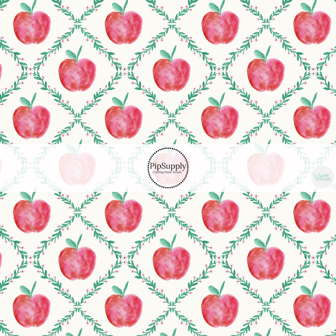 These school themed fabric by the yard features red apples and lattice on cream. This fun themed fabric can be used for all your sewing and crafting needs!