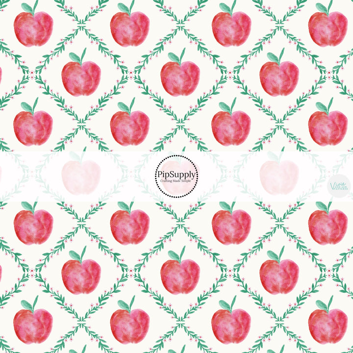 These school themed fabric by the yard features red apples and lattice on cream. This fun themed fabric can be used for all your sewing and crafting needs!