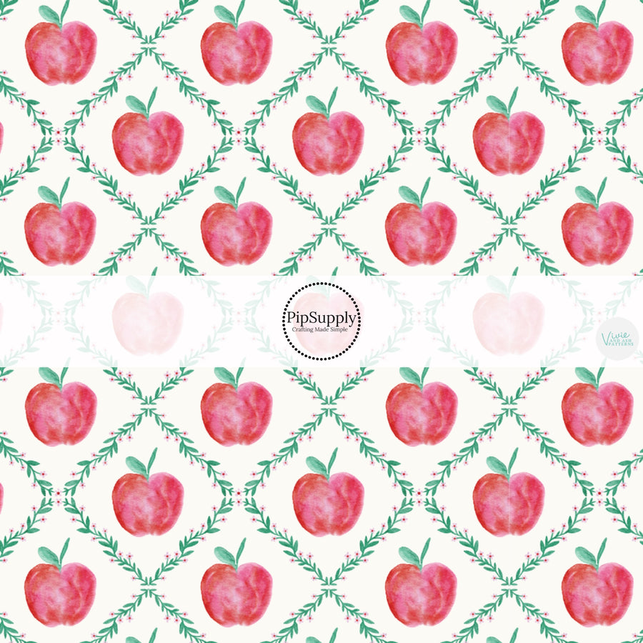 These school themed fabric by the yard features red apples and lattice on cream. This fun themed fabric can be used for all your sewing and crafting needs!