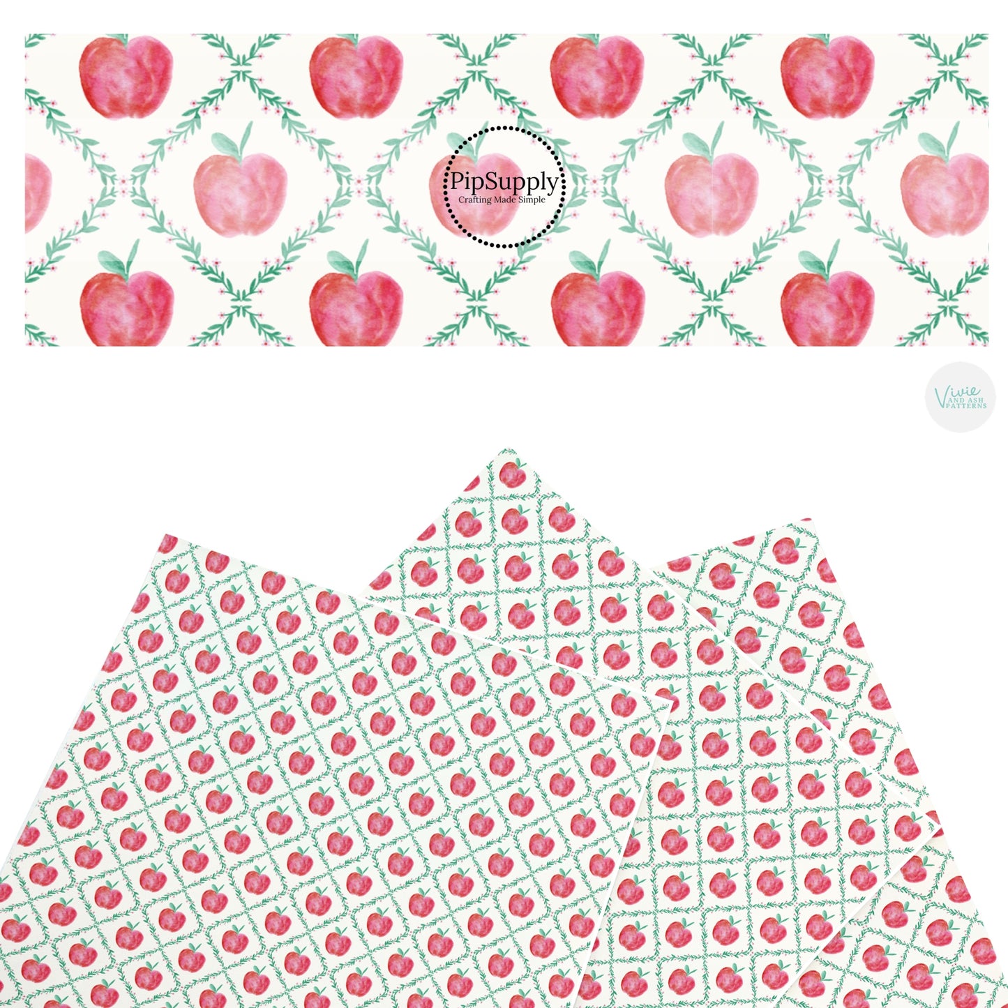 These school themed faux leather sheets contain the following design elements: red apples and lattice on cream. Our CPSIA compliant faux leather sheets or rolls can be used for all types of crafting projects.