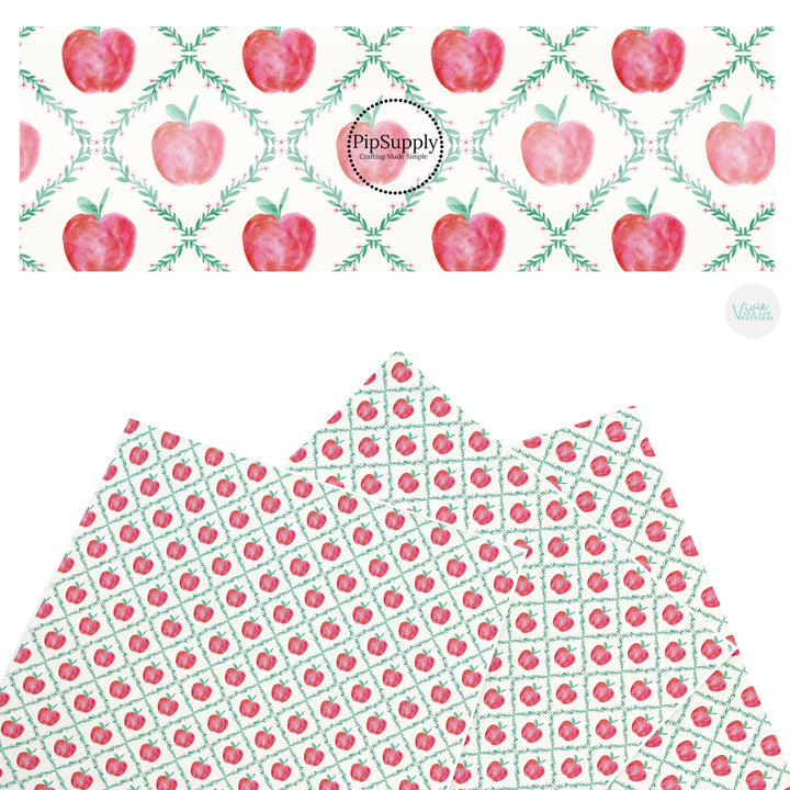 These school themed faux leather sheets contain the following design elements: red apples and lattice on cream. Our CPSIA compliant faux leather sheets or rolls can be used for all types of crafting projects.