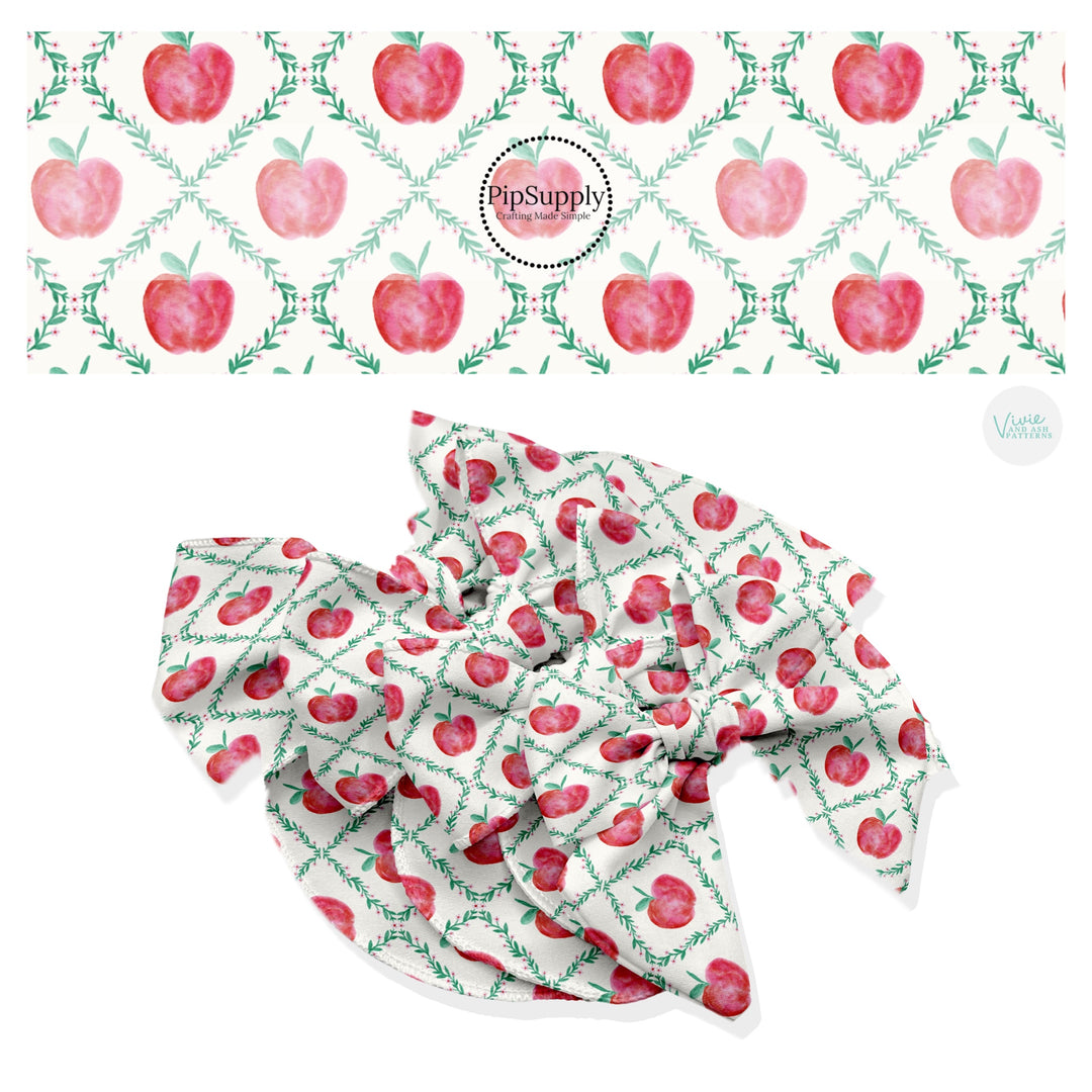 These school themed no sew bow strips can be easily tied and attached to a clip for a finished hair bow. These fun patterned bow strips are great for personal use or to sell. These bow strips feature red apples and lattice on cream.