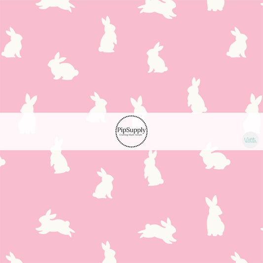 White Bunny Silhouettes on Pink Fabric by the Yard
