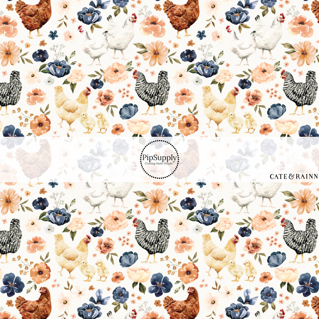 These spring and summer pattern fabric by the yard features farm and meadow chickens. This fun fabric can be used for all your sewing and crafting needs!