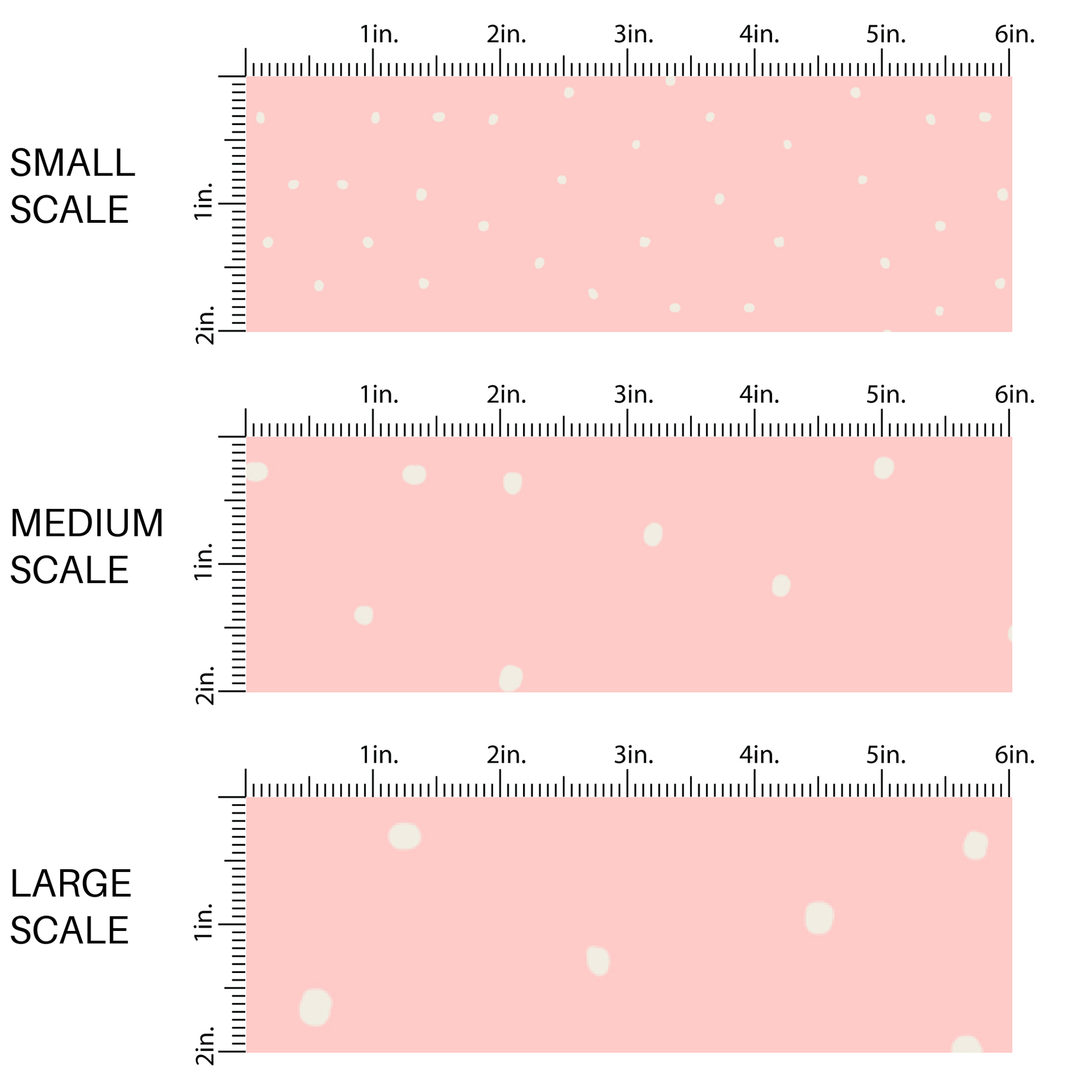 This scale chart of small scale, medium scale, and large scale of these dot themed pastel pink fabric by the yard features small white dots scattered on light pink. 