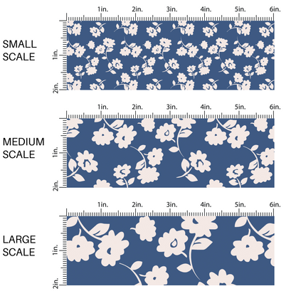 This scale chart of small scale, medium scale, and large scale of these floral themed dark blue fabric by the yard features light cream flowers on navy blue. This fun summer floral themed fabric can be used for all your sewing and crafting needs! 