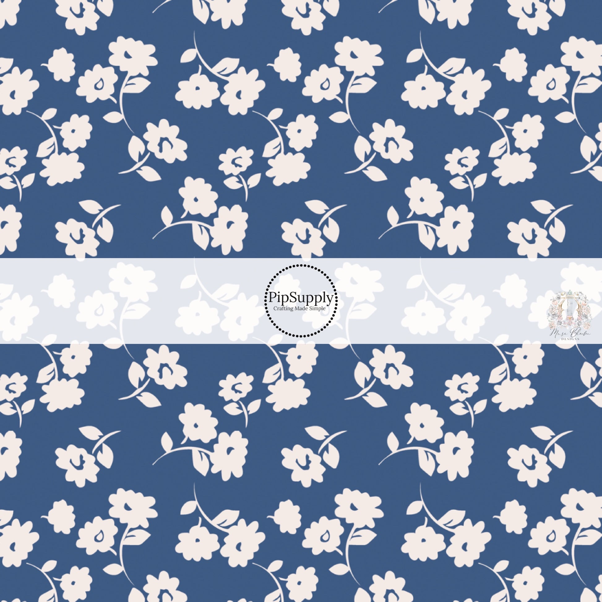 These floral themed dark blue fabric by the yard features light cream flowers on navy blue. This fun summer floral themed fabric can be used for all your sewing and crafting needs! 