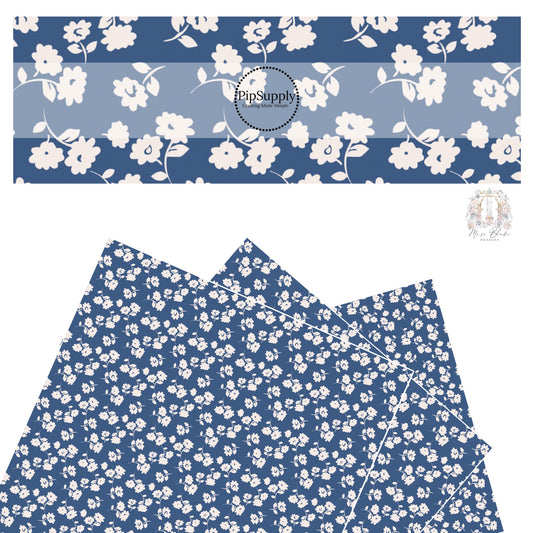 These floral themed dark blue faux leather sheets contain the following design elements: light cream flowers on navy blue.