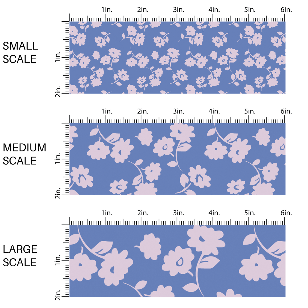 This scale chart of small scale, medium scale, and large scale of these floral themed dark purple fabric by the yard features light periwinkle flowers on lilac. This fun summer floral themed fabric can be used for all your sewing and crafting needs! 