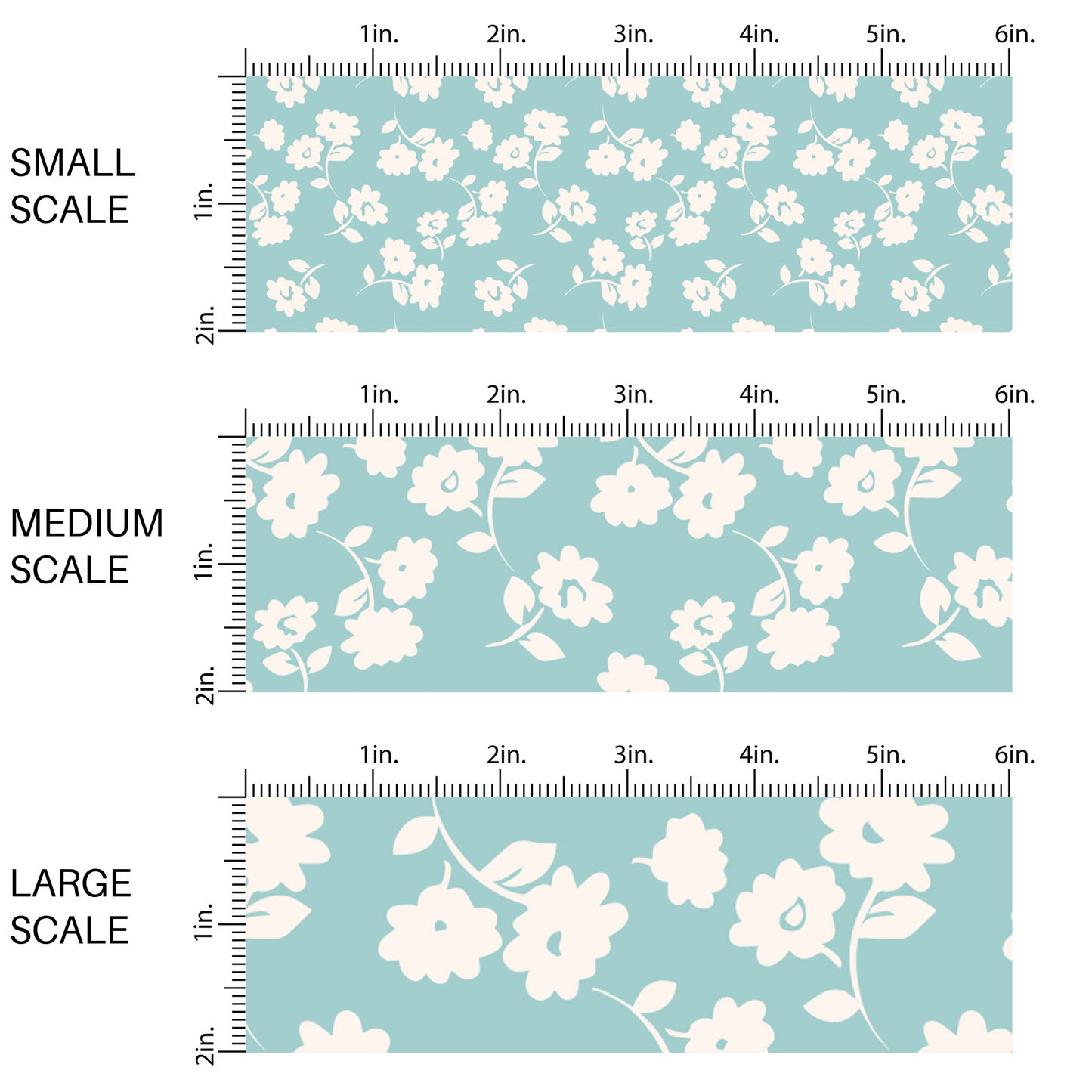 This scale chart of small scale, medium scale, and large scale of these floral themed seafoam fabric by the yard features light cream flowers on seafoam. This fun summer floral themed fabric can be used for all your sewing and crafting needs! 