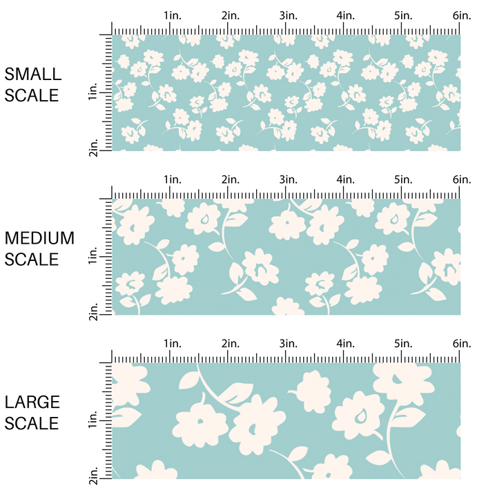 This scale chart of small scale, medium scale, and large scale of these floral themed seafoam fabric by the yard features light cream flowers on seafoam. This fun summer floral themed fabric can be used for all your sewing and crafting needs! 