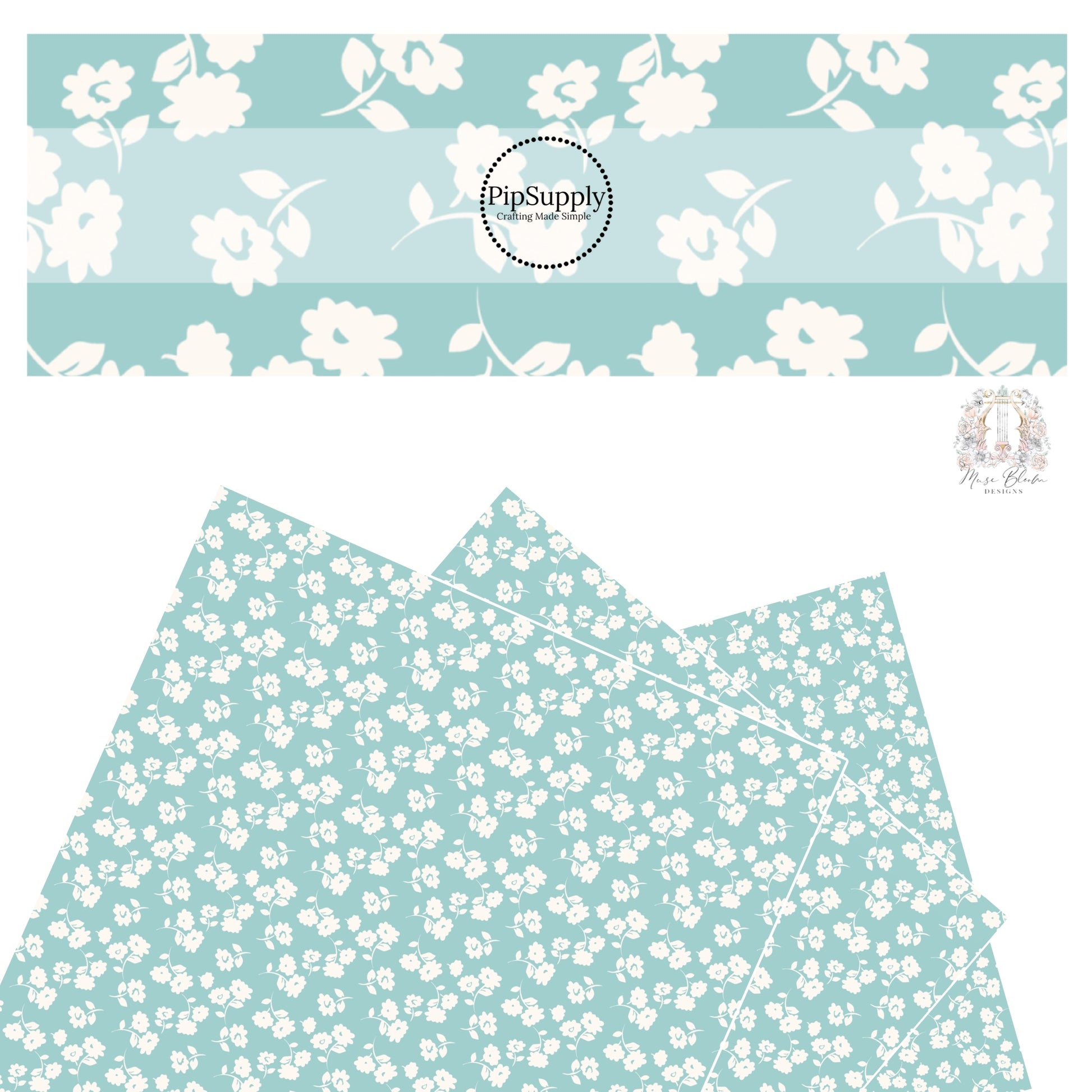 These floral themed light seafoam faux leather sheets contain the following design elements: light cream flowers on seafoam. 
