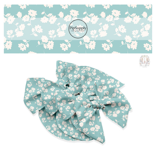 These floral themed seafoam no sew bow strips can be easily tied and attached to a clip for a finished hair bow. These fun summer floral themed bow strips features light cream flowers on seafoam are great for personal use or to sell.