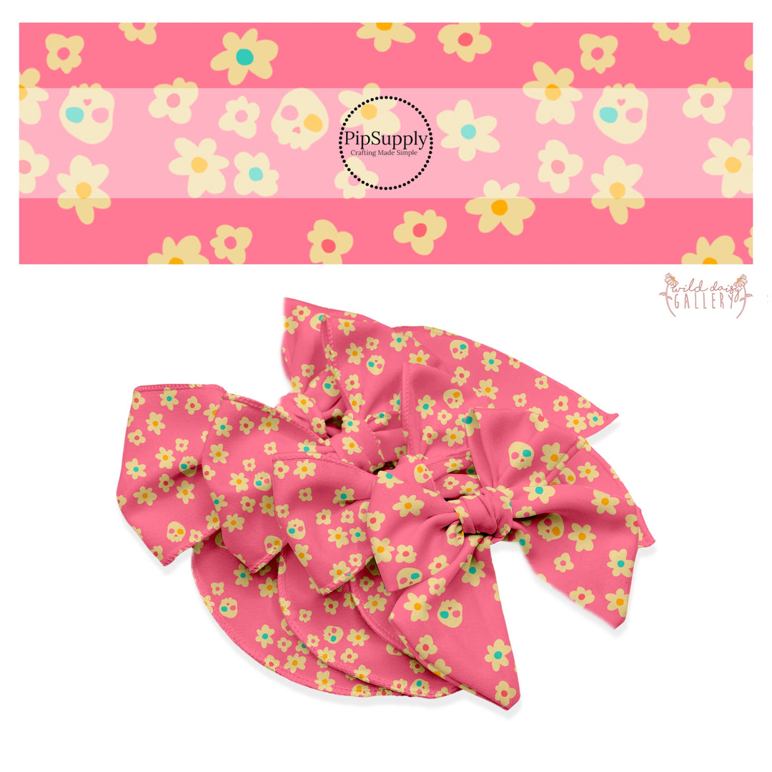 Cream flowers with colorful centers and cream skulls on pink hair bow strips