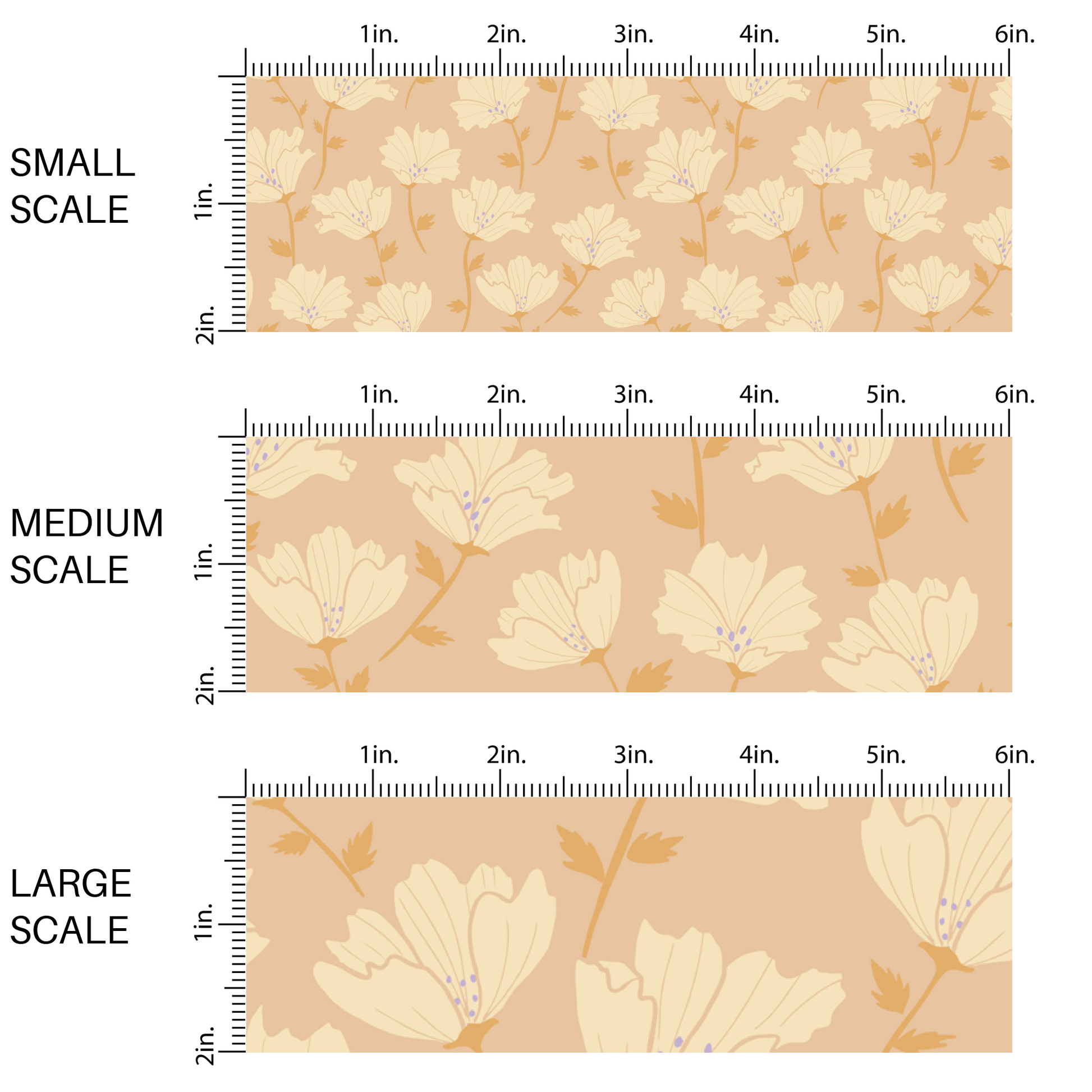 This scale chart of small scale, medium scale, and large scale of these floral themed light pink fabric by the yard features cream and orange flowers.
