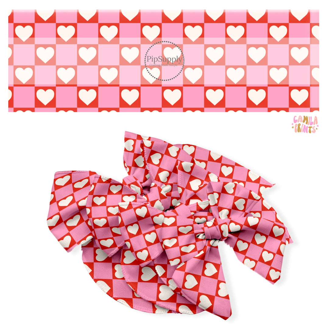 These holiday no sew bow strips can be easily tied and attached to a clip for a finished hair bow. These festive bow strips are great for personal use or to sell. These bow strips feature the following design elements: hearts on red and pink checkers.