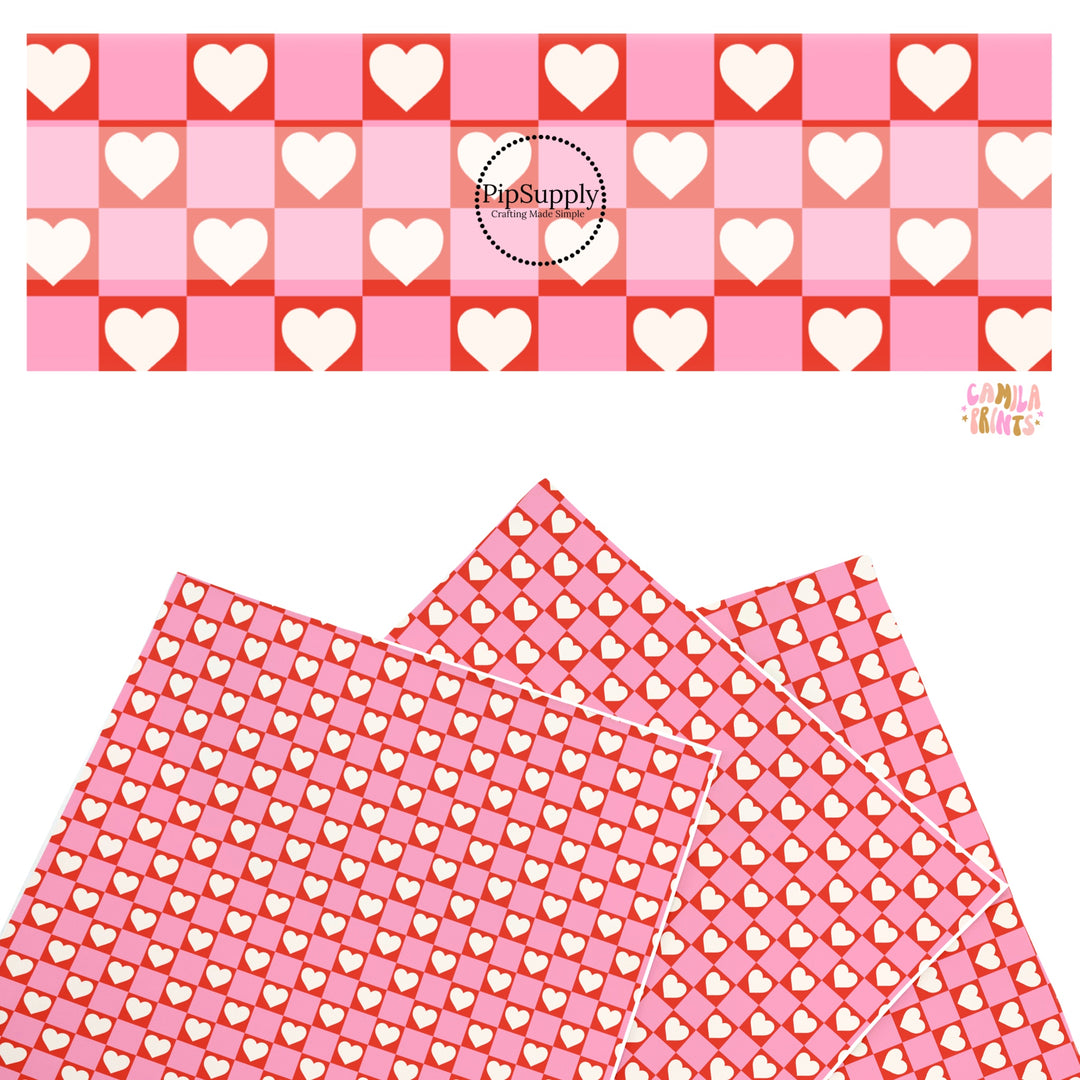 These holiday faux leather sheets contain the following design elements: hearts on pink and red checkers. Our CPSIA compliant faux leather sheets or rolls can be used for all types of crafting projects.