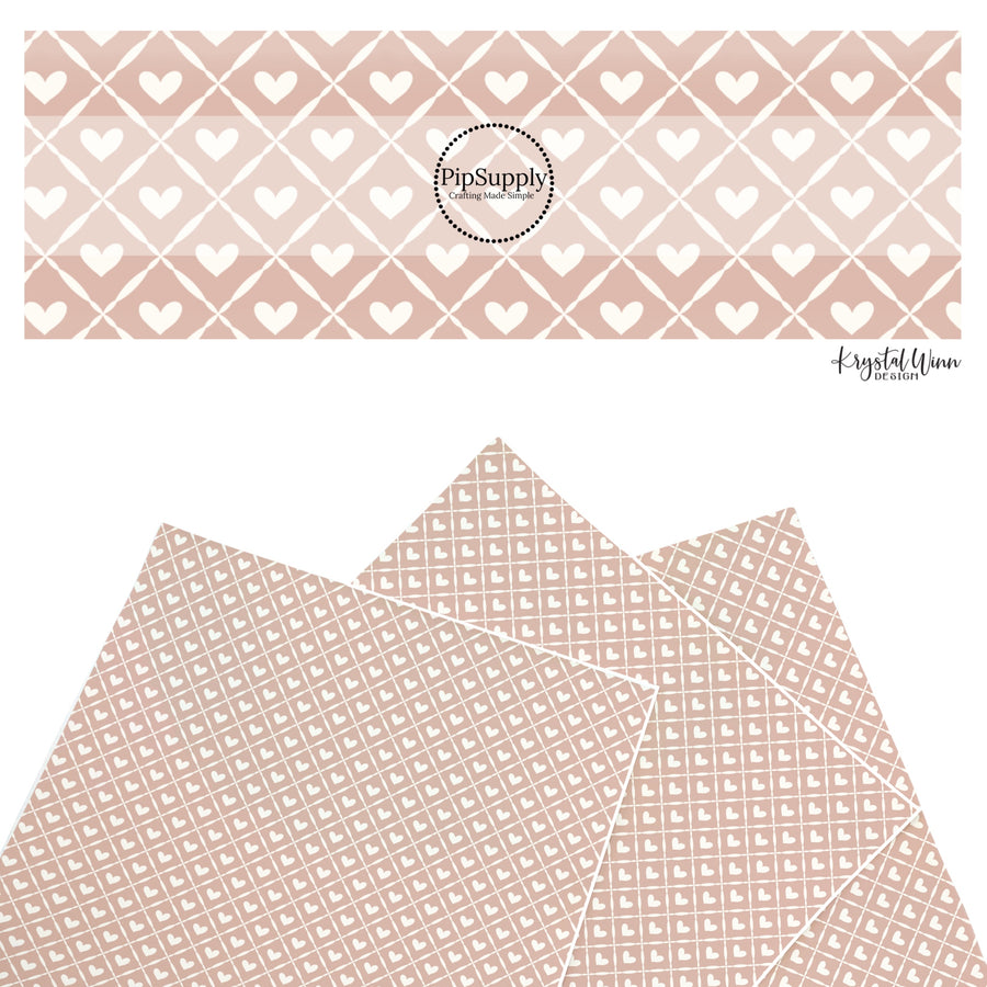 These Valentine's Day themed faux leather sheets contain the following design elements: white hearts and white lattice pattern on pink. Our CPSIA compliant faux leather sheets or rolls can be used for all types of crafting projects.