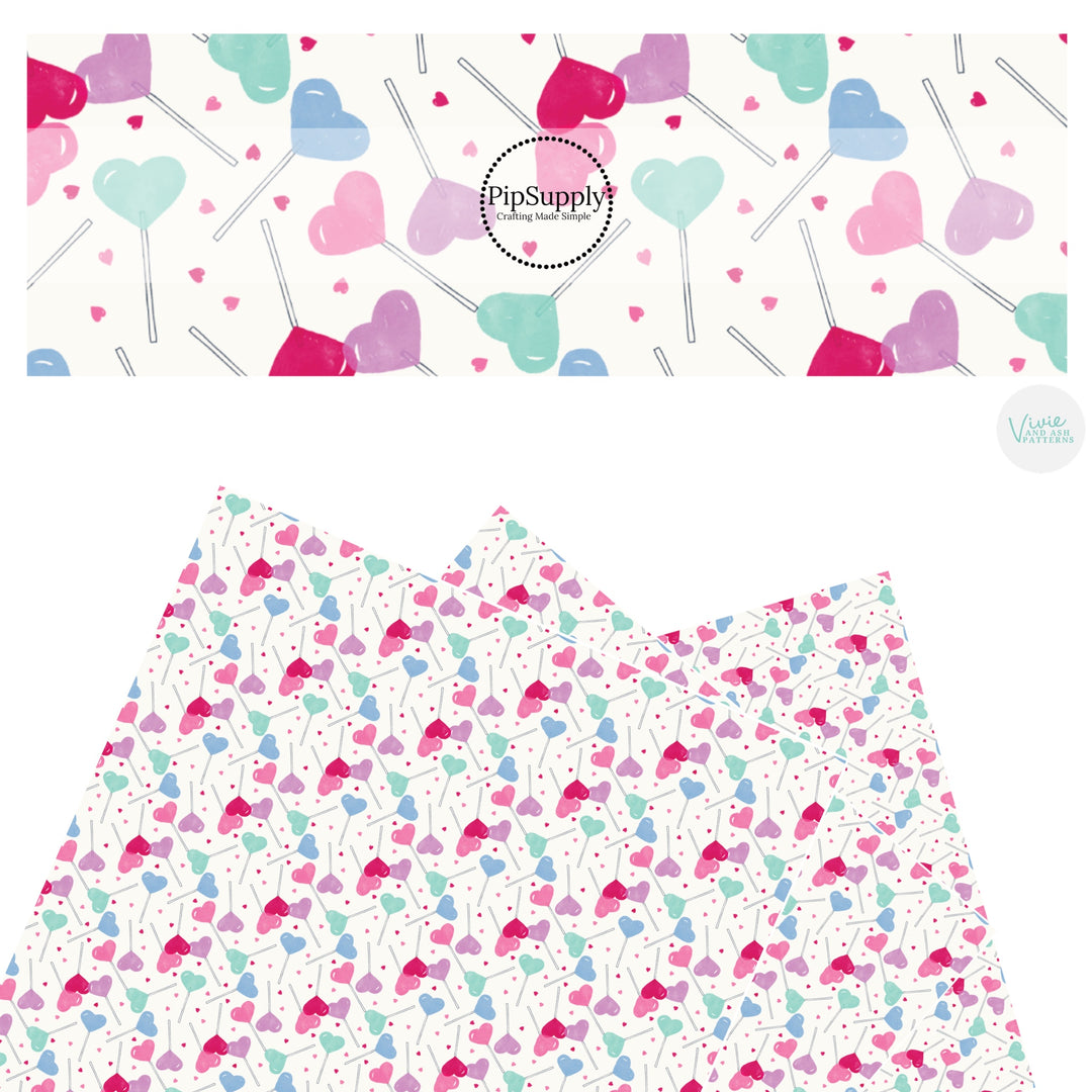 These Valentine's Day pattern faux leather sheets contain the following design elements: pastel colored lollipop candy on cream. Our CPSIA compliant faux leather sheets or rolls can be used for all types of crafting projects.