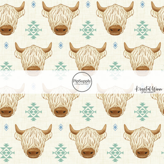 This summer fabric by the yard features highland cows on western aztec pattern. This fun summer themed fabric can be used for all your sewing and crafting needs!