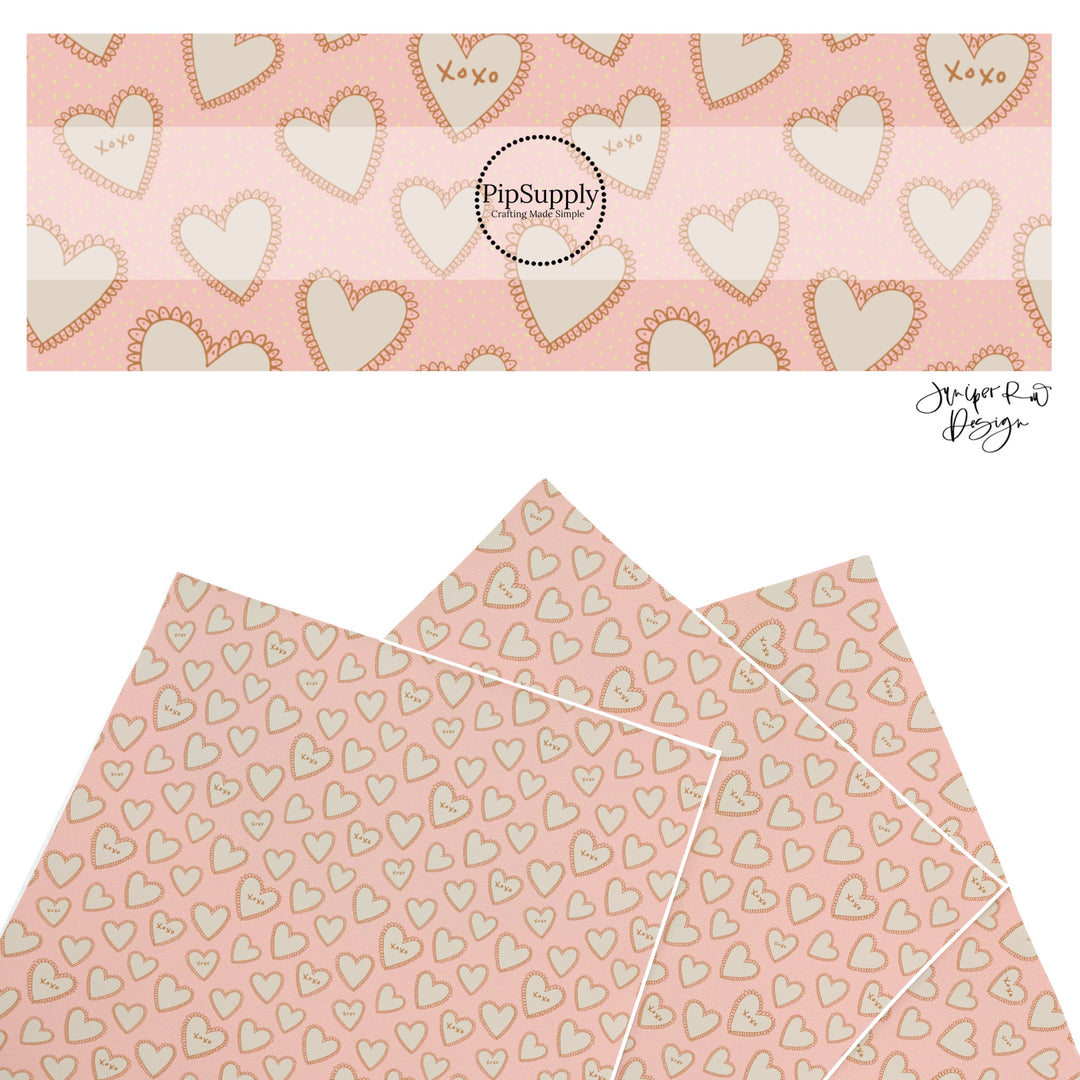 These holiday faux leather sheets contain the following design elements: cream lace hearts on pink. Our CPSIA compliant faux leather sheets or rolls can be used for all types of crafting projects.