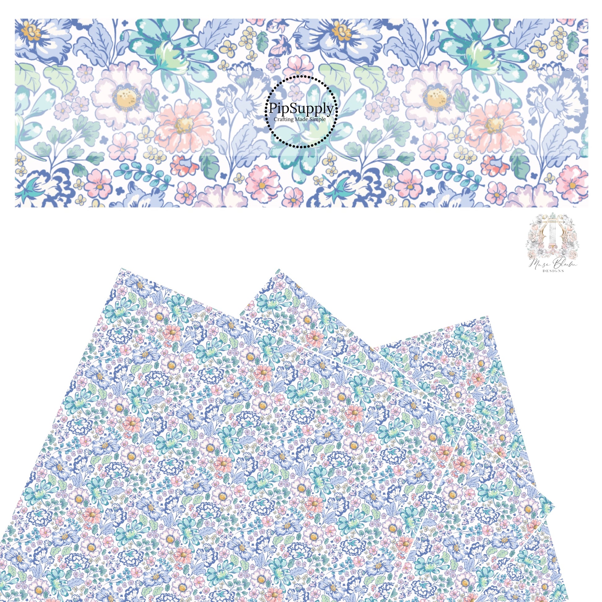 These floral themed cream faux leather sheets contain the following design elements: navy blue, light blue, teal, cream, light pink, yellow, and aqua flowers on cream. 