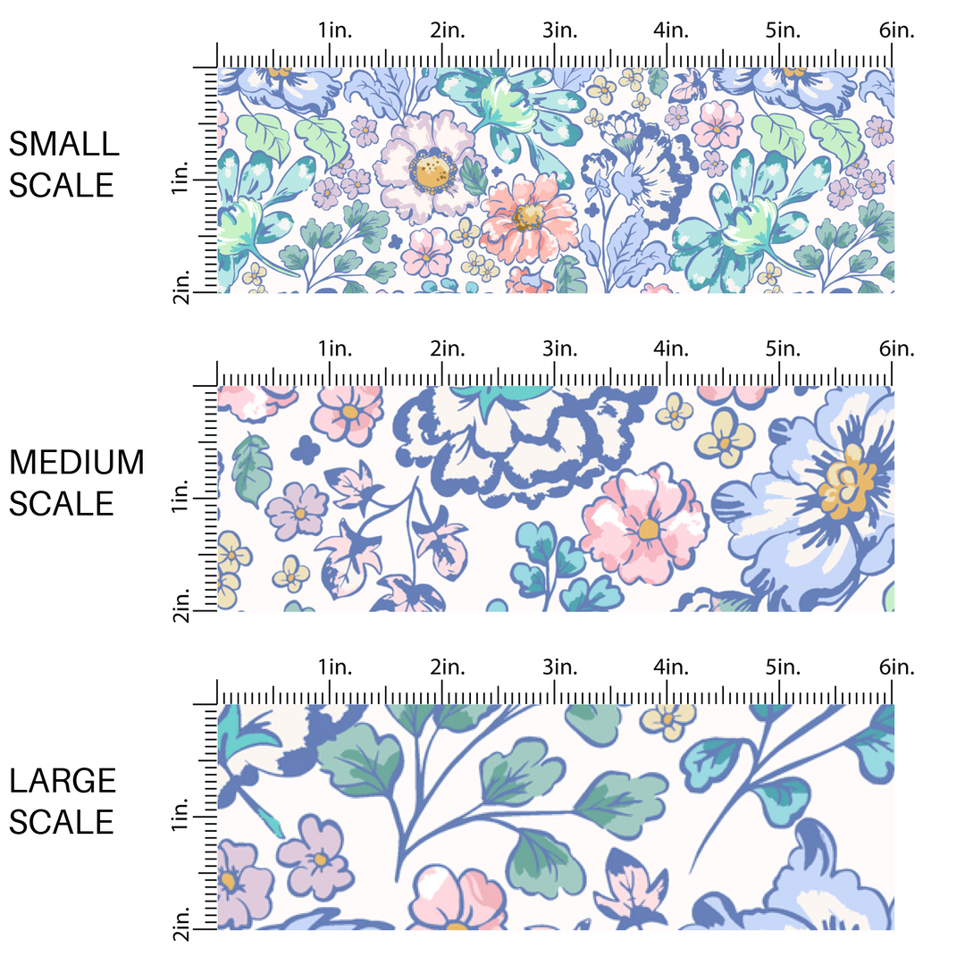 This scale chart of small scale, medium scale, and large scale of these floral themed cream fabric by the yard features navy blue, light blue, teal, light pink, cream, yellow, and aqua flowers on cream. This fun summer floral themed fabric can be used for all your sewing and crafting needs! 