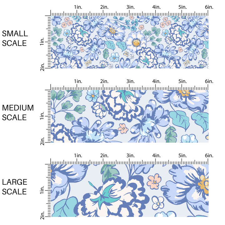 This scale chart of small scale, medium scale, and large scale of these floral themed blue fabric by the yard features navy blue, light blue, cream, yellow, and aqua flowers on periwinkle. This fun summer floral themed fabric can be used for all your sewing and crafting needs! 