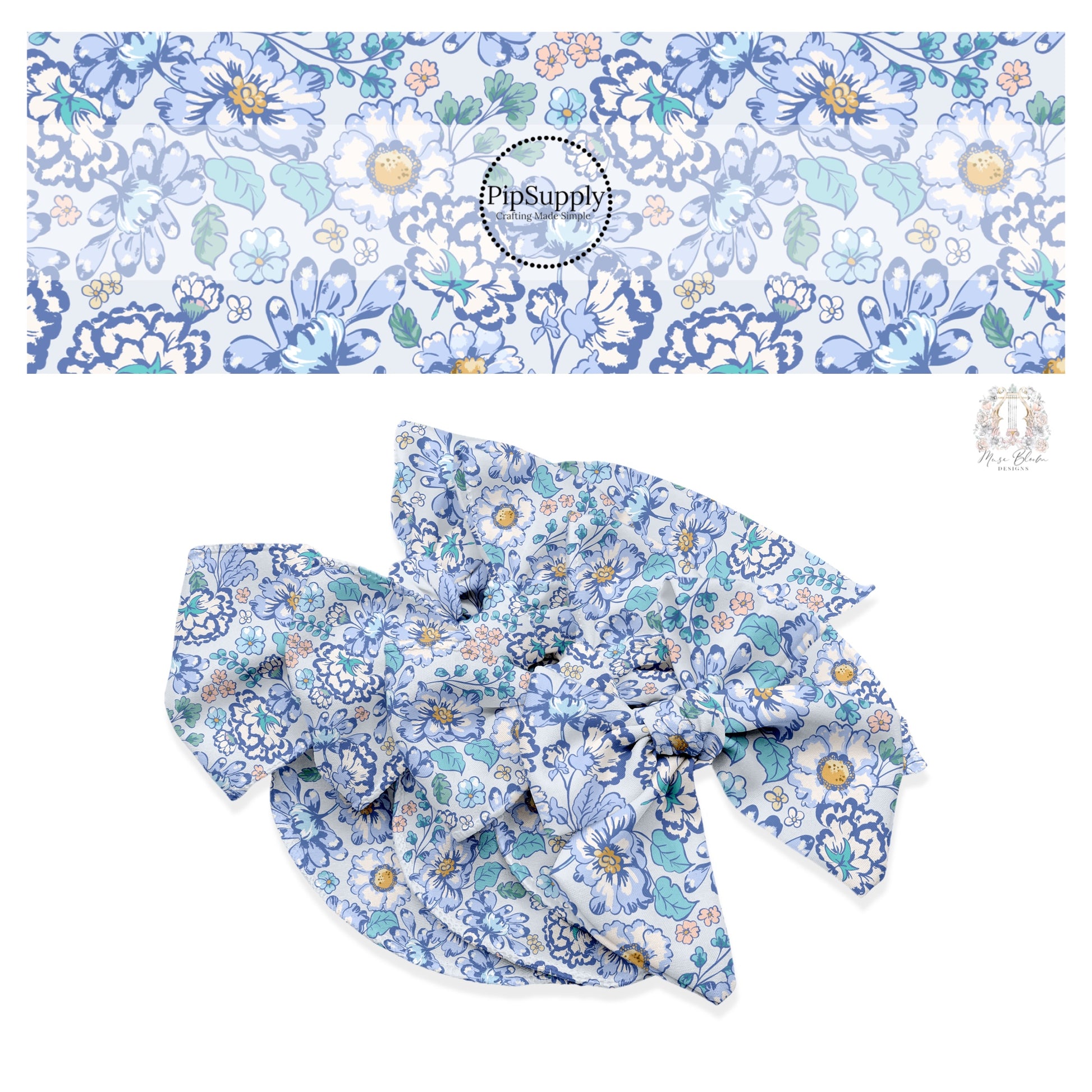 These floral themed blue no sew bow strips can be easily tied and attached to a clip for a finished hair bow. These fun summer floral themed bow strips features navy blue, light blue, cream, yellow, and aqua flowers on periwinkle are great for personal use or to sell.