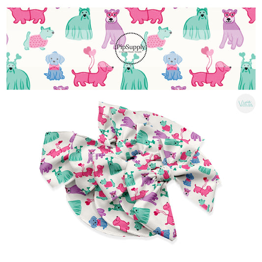 These Valentine's Day pattern no sew bow strips can be easily tied and attached to a clip for a finished hair bow. These Valentine's Day bow strips are great for personal use or to sell. The bow strips feature pastel colored dogs on cream. 