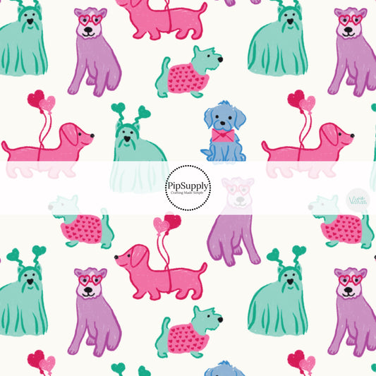 Pink, Purple, and Blue Dogs on Cream Fabric by the Yard.