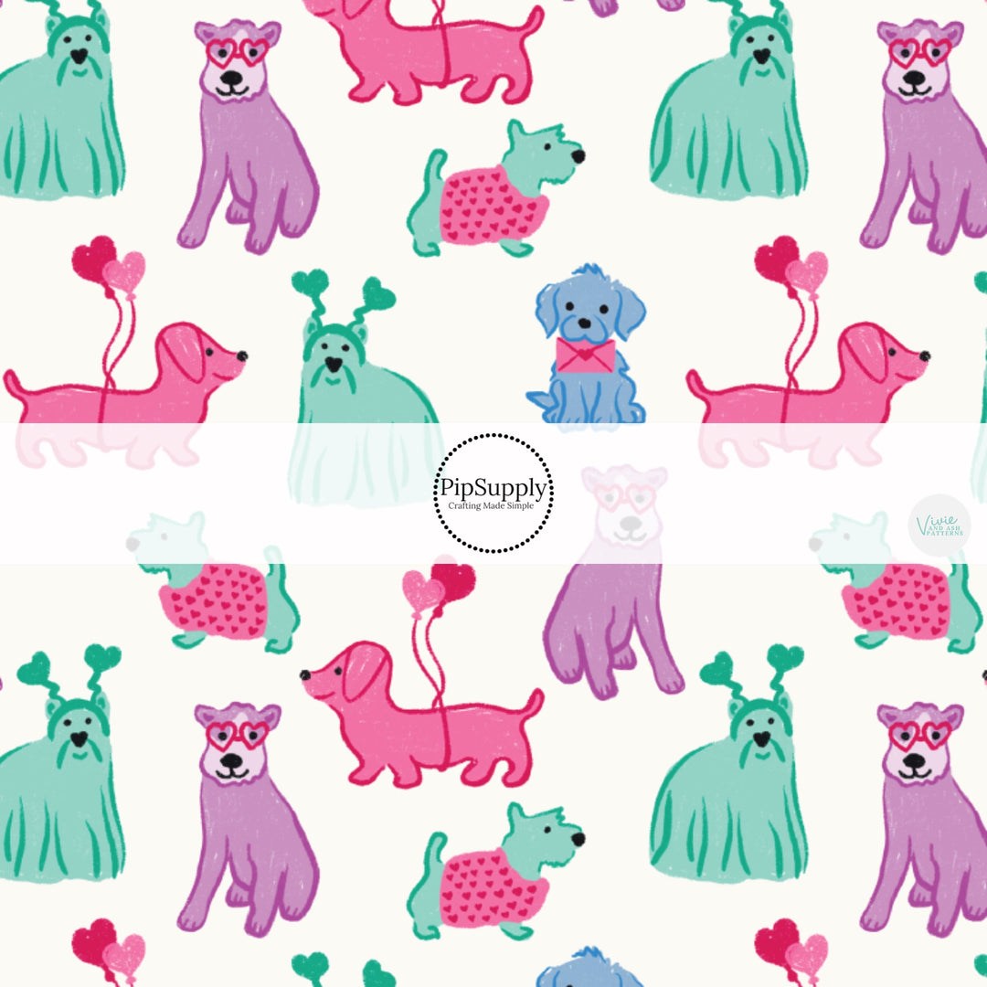 Pink, Purple, and Blue Dogs on Cream Fabric by the Yard.