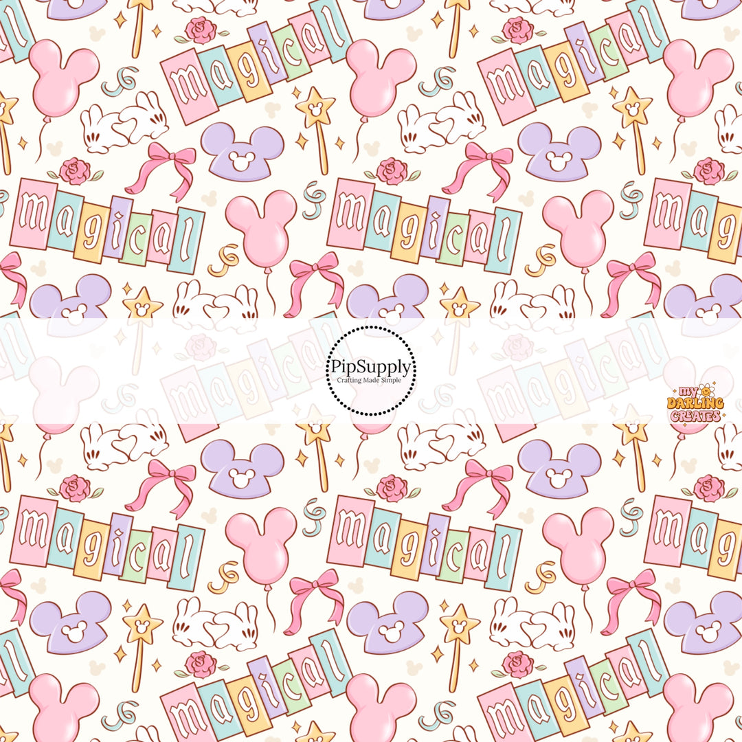 This high-quality fabric by the yard features balloons, hats, and magical wands. This fun patterned fabric can be used for all your sewing and crafting needs!