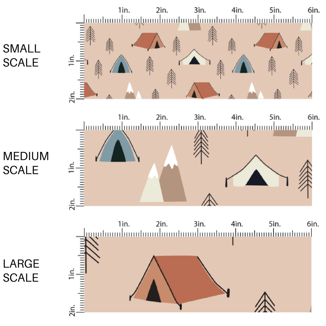 This scale chart of small scale, medium scale, and large scale of these camping outdoor light peach fabric by the yard features pine trees, mountains dark red, blue, and cream tents on light nude. This fun camping themed fabric can be used for all your sewing and crafting needs! 