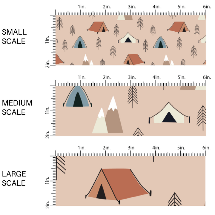 This scale chart of small scale, medium scale, and large scale of these camping outdoor light peach fabric by the yard features pine trees, mountains dark red, blue, and cream tents on light nude. This fun camping themed fabric can be used for all your sewing and crafting needs! 