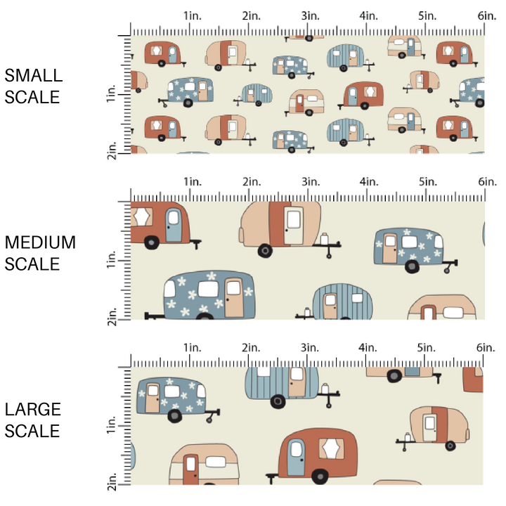 This scale chart of small scale, medium scale, and large scale of these camping outdoor light cream fabric by the yard features dark red, blue, and cream campers on light cream. This fun camping themed fabric can be used for all your sewing and crafting needs! 