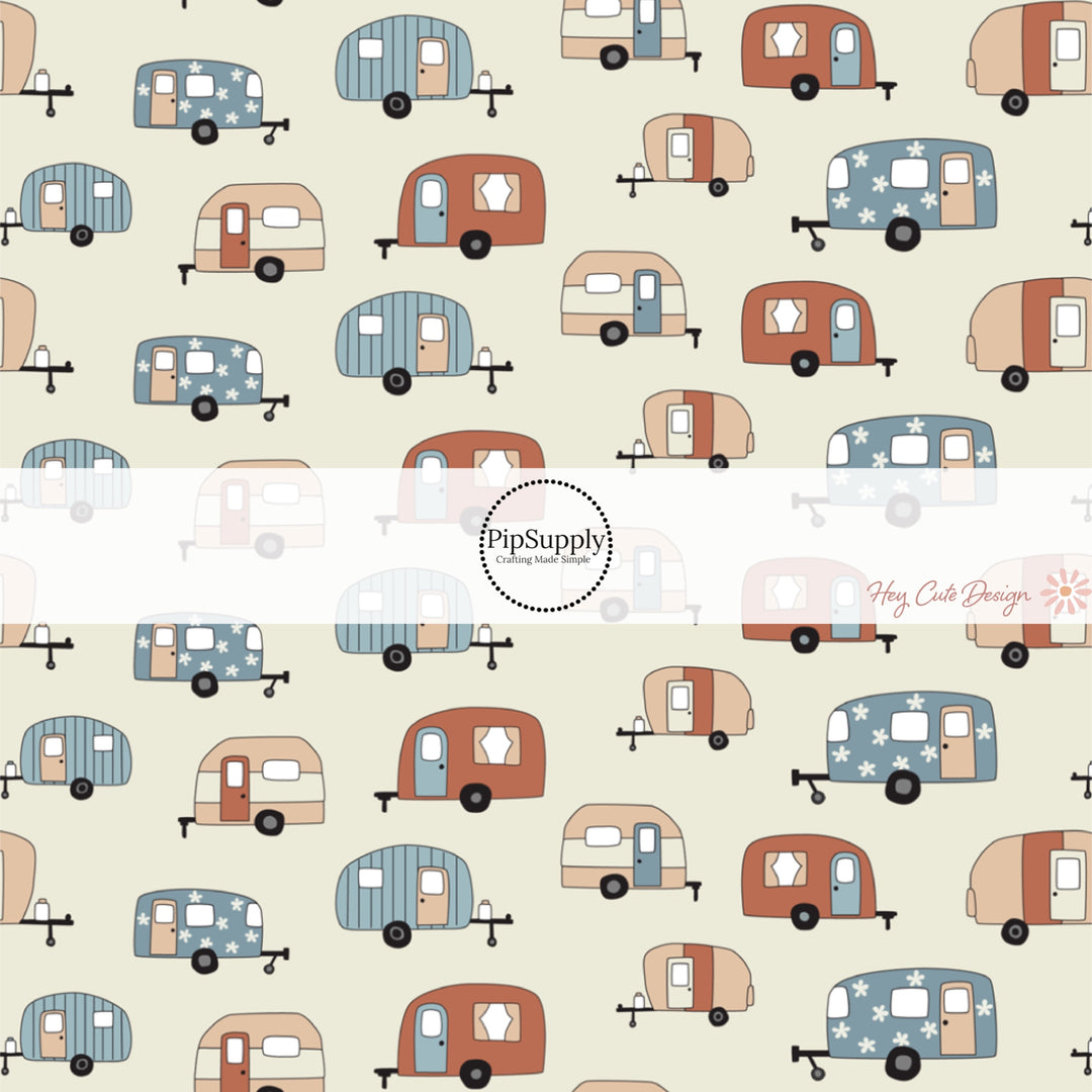 These camping outdoor light cream fabric by the yard features dark red, blue, and cream campers on light cream. This fun camping themed fabric can be used for all your sewing and crafting needs! 