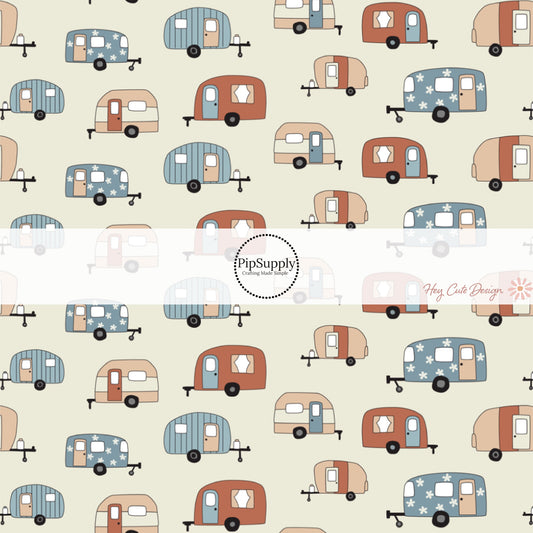 These camping outdoor light cream fabric by the yard features dark red, blue, and cream campers on light cream. This fun camping themed fabric can be used for all your sewing and crafting needs! 