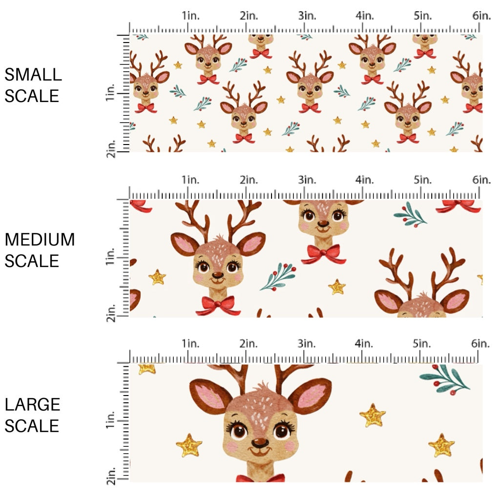 These Christmas themed pattern fabric by the yard features the following design elements: reindeer on cream. This fun themed fabric can be used for all your sewing and crafting needs!