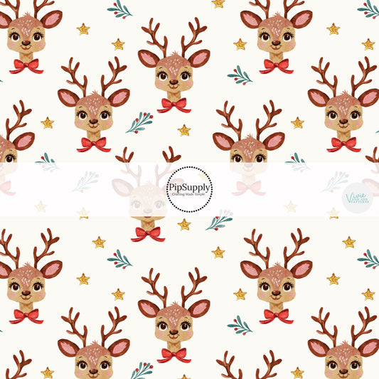 These Christmas themed pattern fabric by the yard features the following design elements: reindeer on cream. This fun themed fabric can be used for all your sewing and crafting needs!