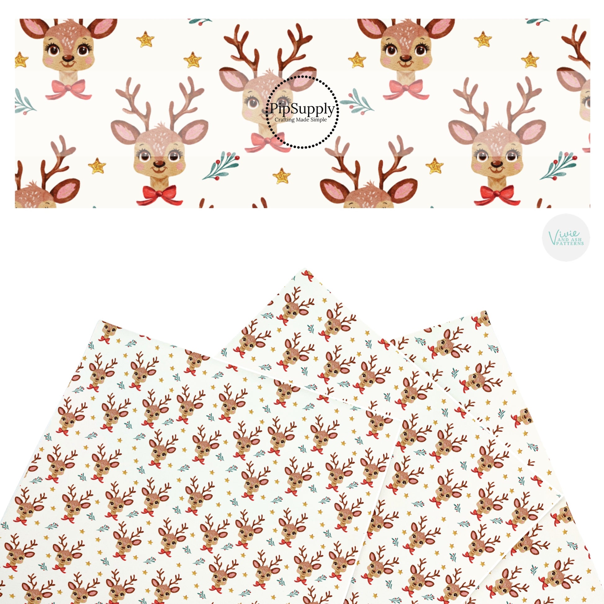 These Christmas themed pattern faux leather sheets contain the following design elements: reindeer on cream. Our CPSIA compliant faux leather sheets or rolls can be used for all types of crafting projects.