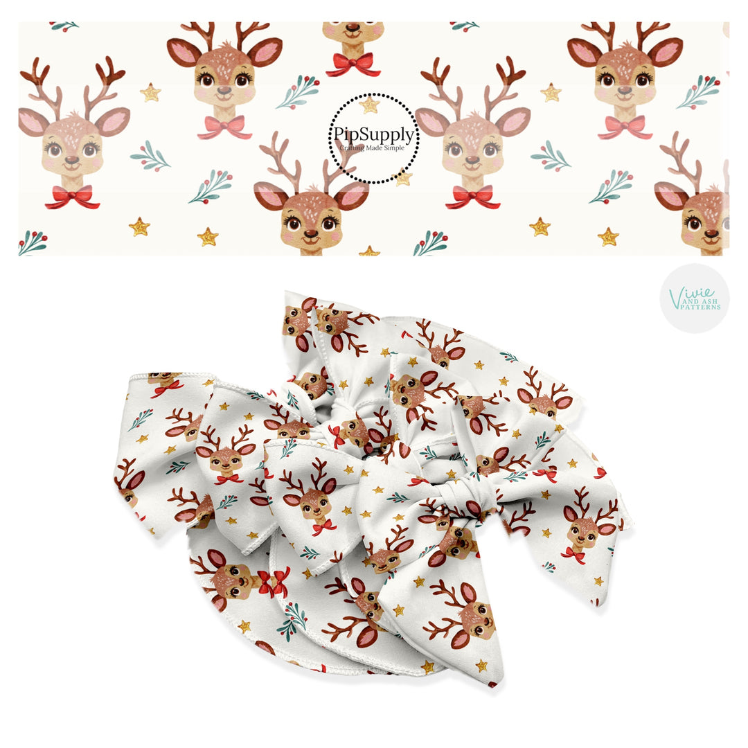 These Christmas themed no sew bow strips can be easily tied and attached to a clip for a finished hair bow. These fun patterned bow strips are great for personal use or to sell. These bow strips feature the following design elements: reindeer on cream.