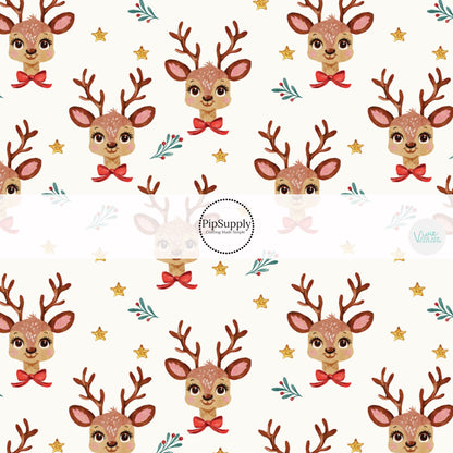 These Christmas themed no sew bow strips can be easily tied and attached to a clip for a finished hair bow. These fun patterned bow strips are great for personal use or to sell. These bow strips feature the following design elements: reindeer on cream.