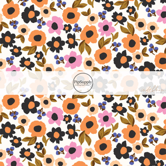 These Halloween themed pattern fabric by the yard features the following design elements: multi color tiny flowers on cream. This fun spooky themed fabric can be used for all your sewing and crafting needs!