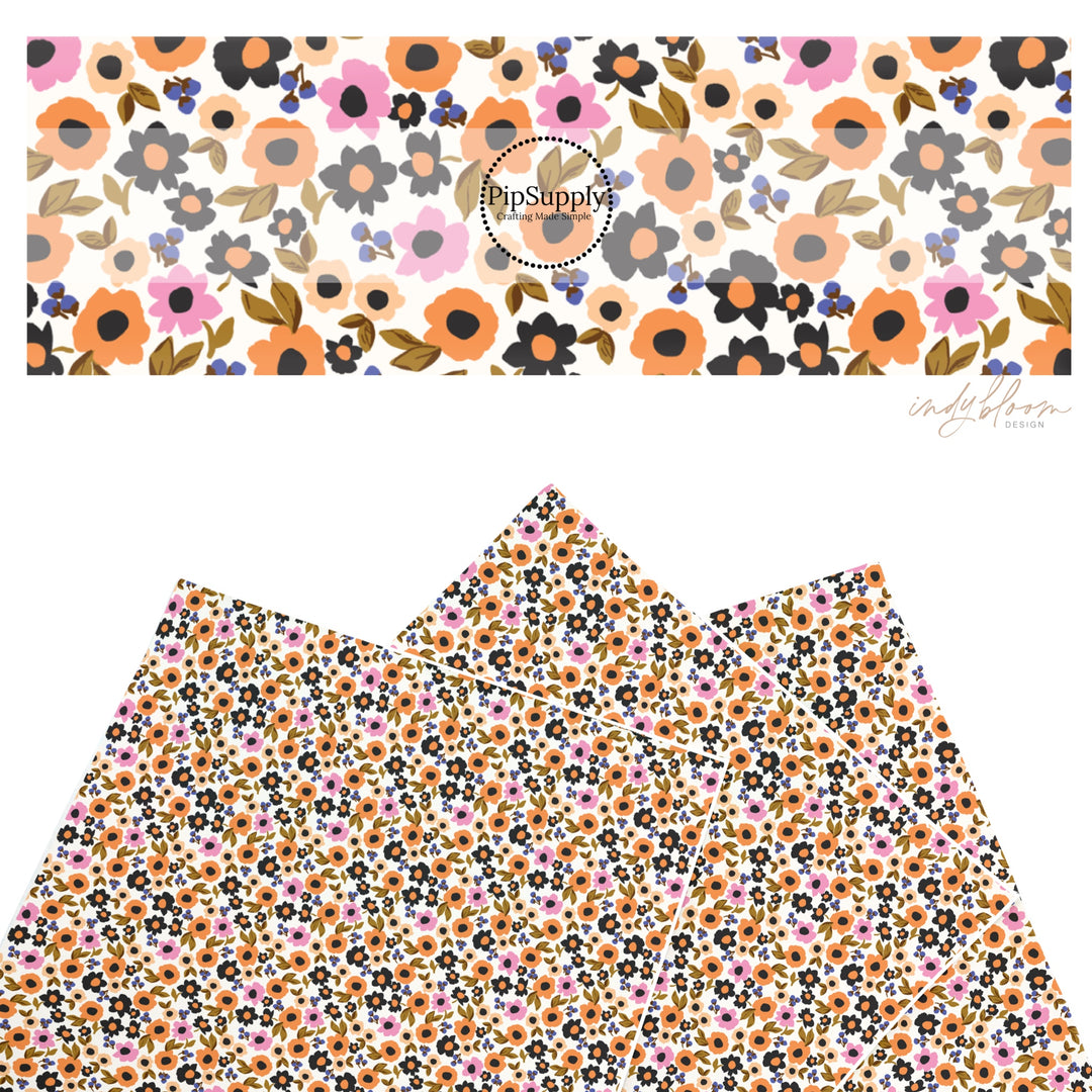 These Halloween themed pattern faux leather sheets contain the following design elements: multi color tiny flowers on cream. Our CPSIA compliant faux leather sheets or rolls can be used for all types of crafting projects.