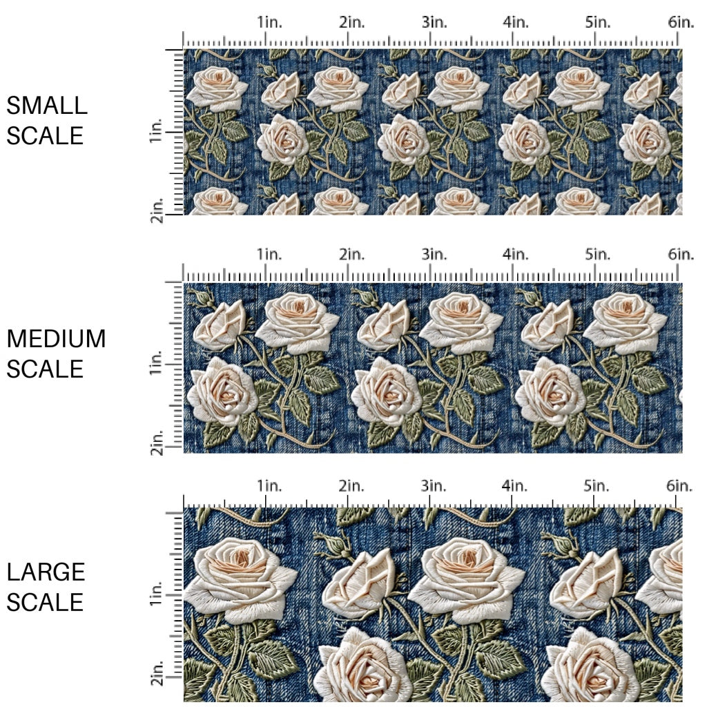 These spring fabric by the yard features embroidered rose flowers on denim pattern. This fun pattern fabric can be used for all your sewing and crafting needs!