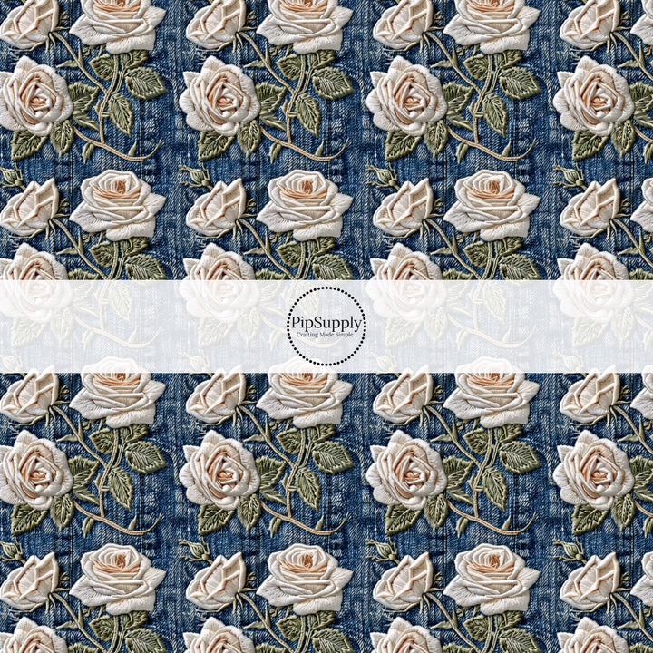 These spring fabric by the yard features embroidered rose flowers on denim pattern. This fun pattern fabric can be used for all your sewing and crafting needs!